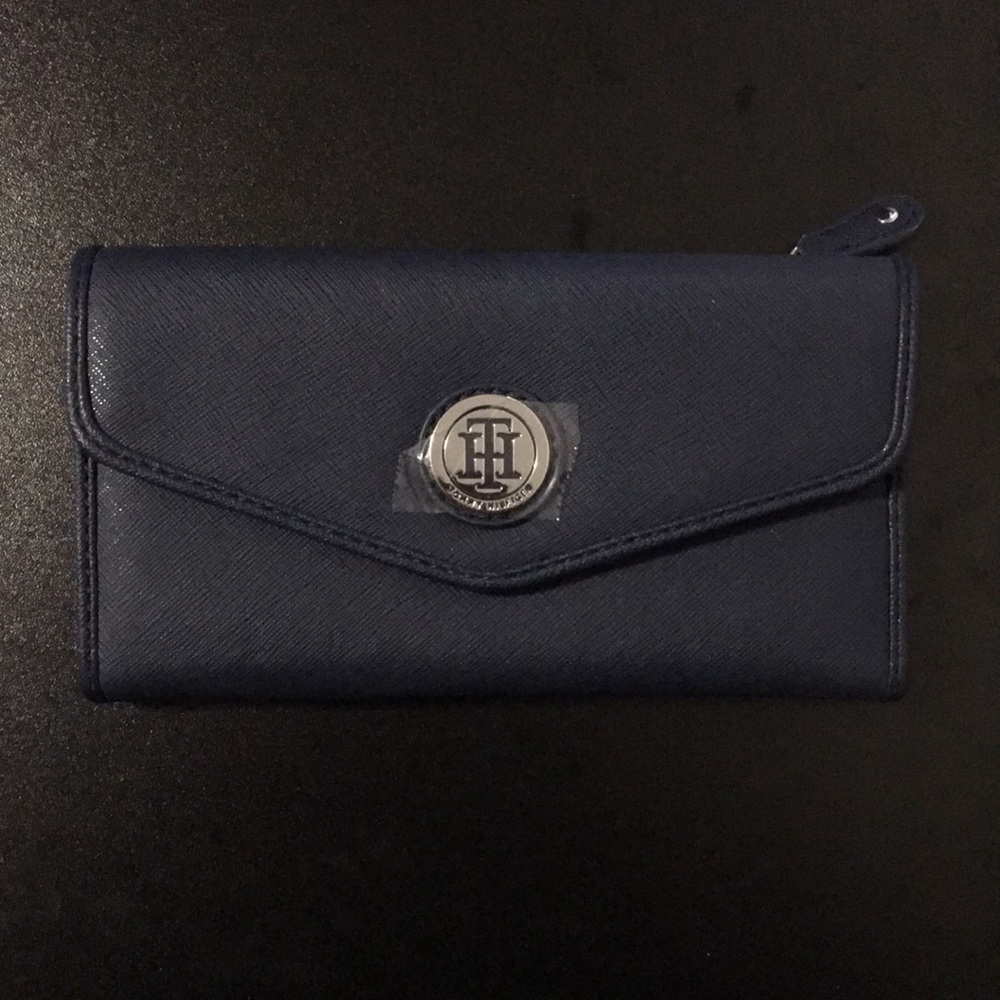 Tommy Hilfiger Long Blue and Silver Hardware Snap Button Trifold Wallet Purse